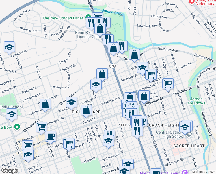 map of restaurants, bars, coffee shops, grocery stores, and more near 857 North 8th Street in Allentown