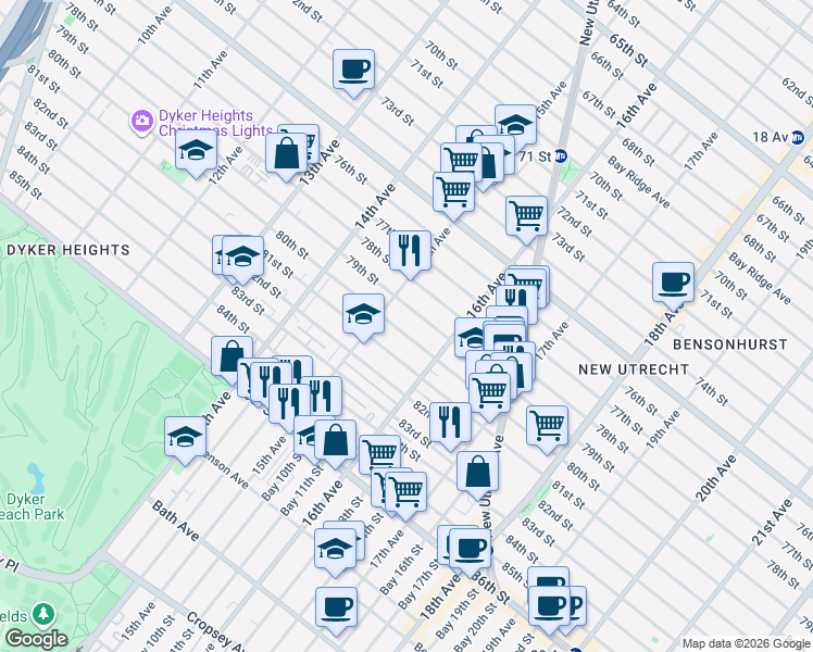 map of restaurants, bars, coffee shops, grocery stores, and more near 1529 81st Street in Brooklyn