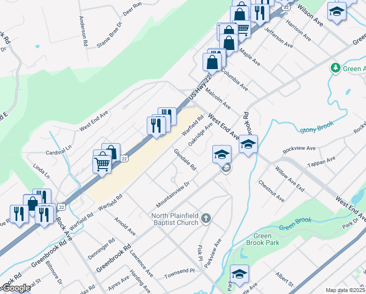 map of restaurants, bars, coffee shops, grocery stores, and more near 462 Oakridge Avenue in North Plainfield