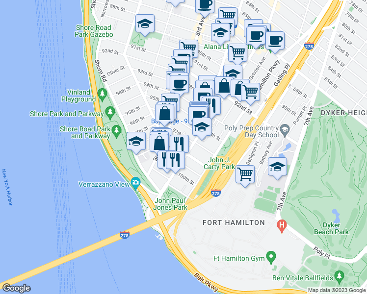 map of restaurants, bars, coffee shops, grocery stores, and more near 9824 4th Avenue in Brooklyn