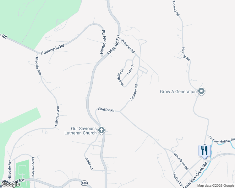 map of restaurants, bars, coffee shops, grocery stores, and more near 190 Zehnder Road in Ambridge