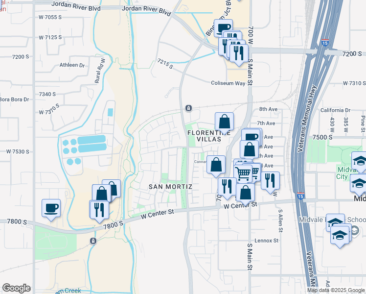 map of restaurants, bars, coffee shops, grocery stores, and more near Tuscany View Road in Midvale