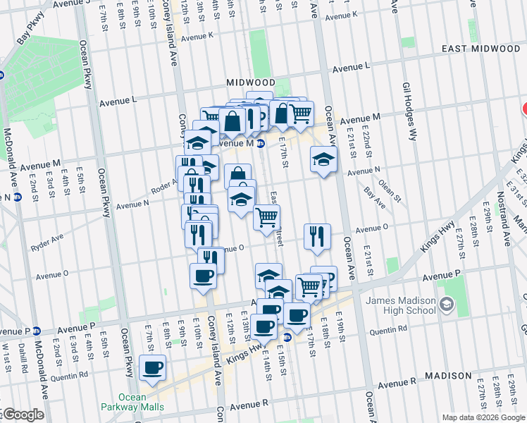 map of restaurants, bars, coffee shops, grocery stores, and more near 1443 East 15th Street in Brooklyn