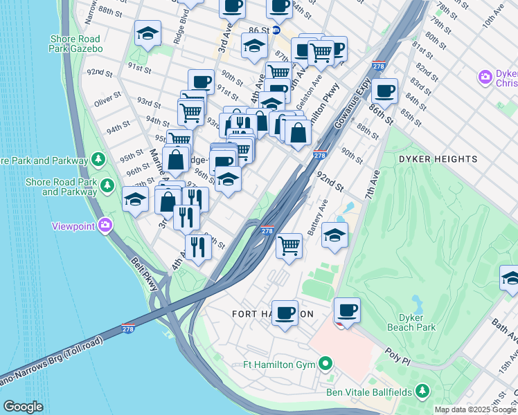 map of restaurants, bars, coffee shops, grocery stores, and more near 9515 Fort Hamilton Parkway in Brooklyn