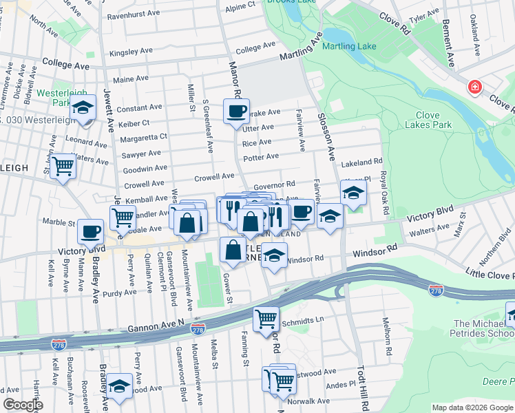 map of restaurants, bars, coffee shops, grocery stores, and more near 551 Manor Road in Staten Island
