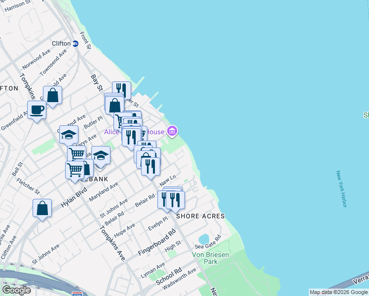 map of restaurants, bars, coffee shops, grocery stores, and more near 16 Waterview Court in Staten Island