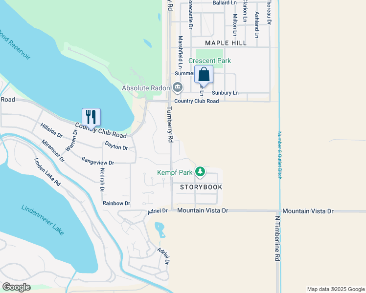 map of restaurants, bars, coffee shops, grocery stores, and more near 2008 Turnberry Road in Fort Collins