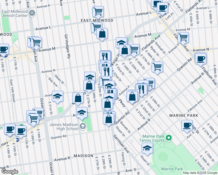 map of restaurants, bars, coffee shops, grocery stores, and more near Marine Parkway in Brooklyn