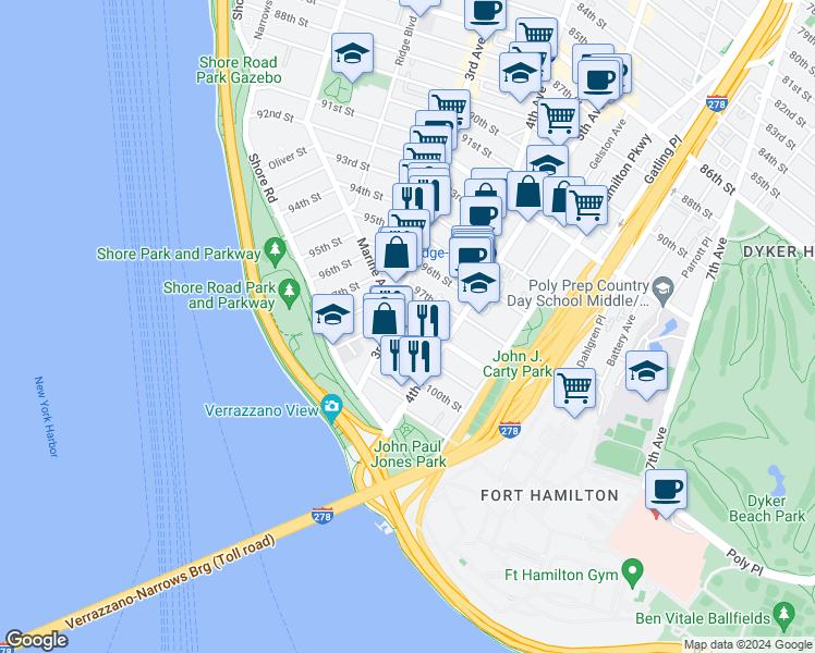 map of restaurants, bars, coffee shops, grocery stores, and more near 316 Marine Avenue in Brooklyn