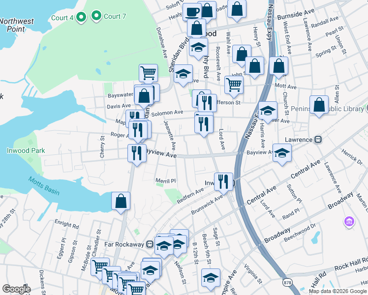 map of restaurants, bars, coffee shops, grocery stores, and more near 21 Mervin Street in Inwood