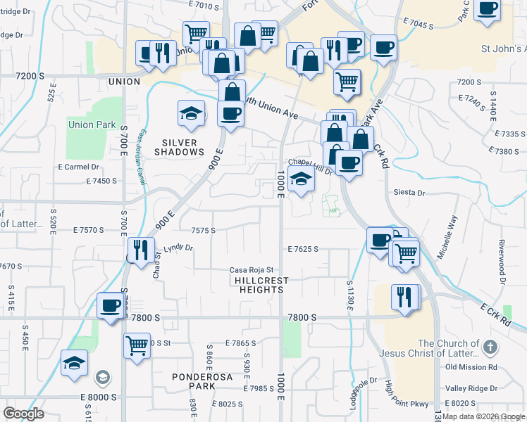 map of restaurants, bars, coffee shops, grocery stores, and more near 7548 Casa Negra Circle in Midvale