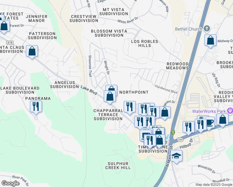map of restaurants, bars, coffee shops, grocery stores, and more near 4500 Alder Street in Redding