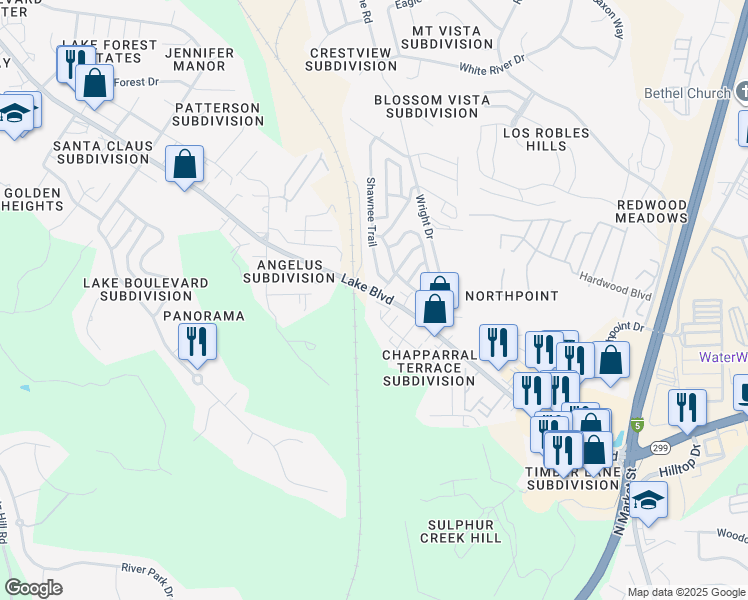 map of restaurants, bars, coffee shops, grocery stores, and more near 550 Buckeye Terrace in Redding