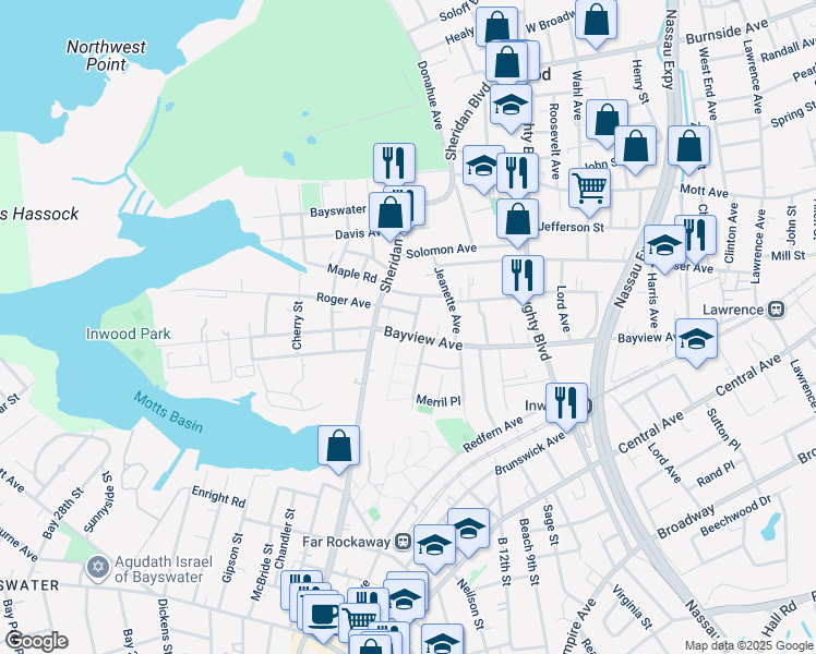 map of restaurants, bars, coffee shops, grocery stores, and more near 98 Sheridan Boulevard in Inwood
