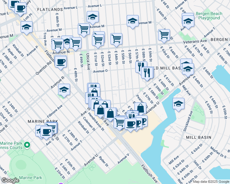 map of restaurants, bars, coffee shops, grocery stores, and more near 1821 East 53rd Street in Brooklyn