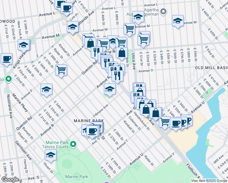 map of restaurants, bars, coffee shops, grocery stores, and more near 4122 Fillmore Avenue in Brooklyn