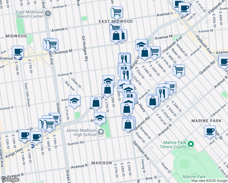 map of restaurants, bars, coffee shops, grocery stores, and more near 1511 East 29th Street in Brooklyn