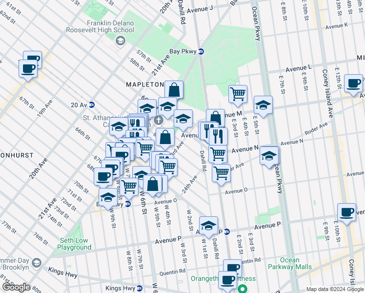 map of restaurants, bars, coffee shops, grocery stores, and more near 2311 62nd Street in Brooklyn