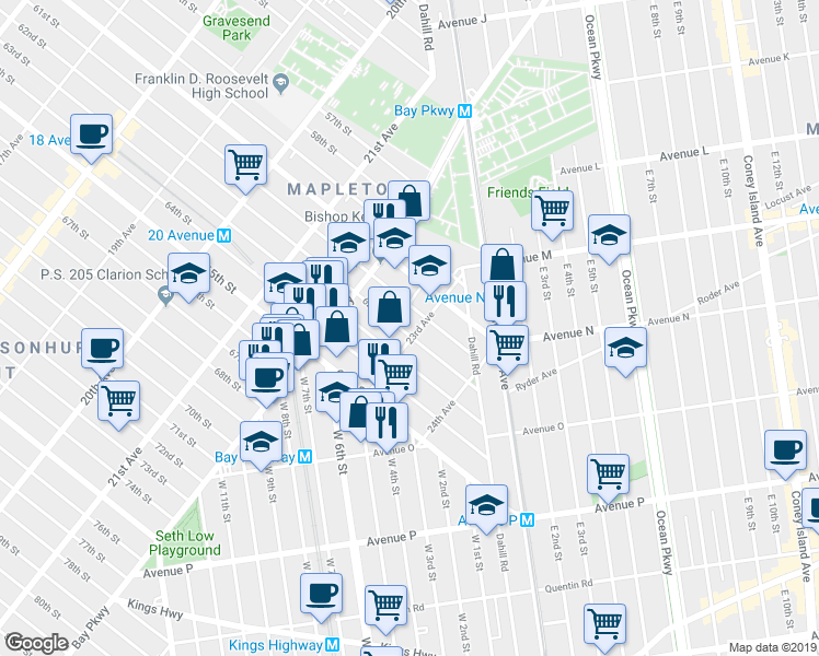 map of restaurants, bars, coffee shops, grocery stores, and more near 2311 62nd Street in Brooklyn