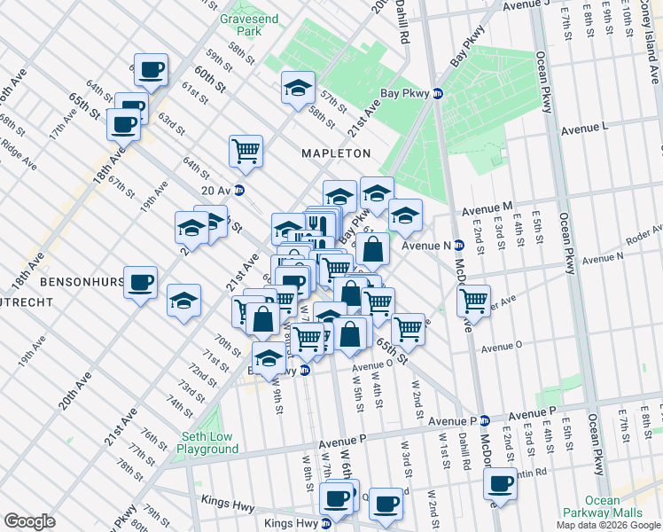 map of restaurants, bars, coffee shops, grocery stores, and more near 2225 64th Street in Brooklyn