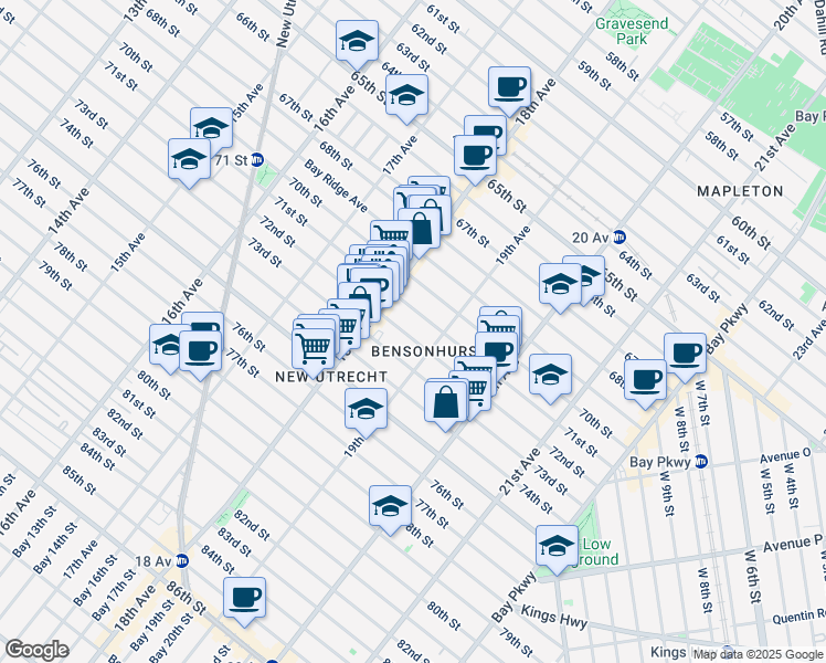 map of restaurants, bars, coffee shops, grocery stores, and more near 1845 73rd Street in Brooklyn
