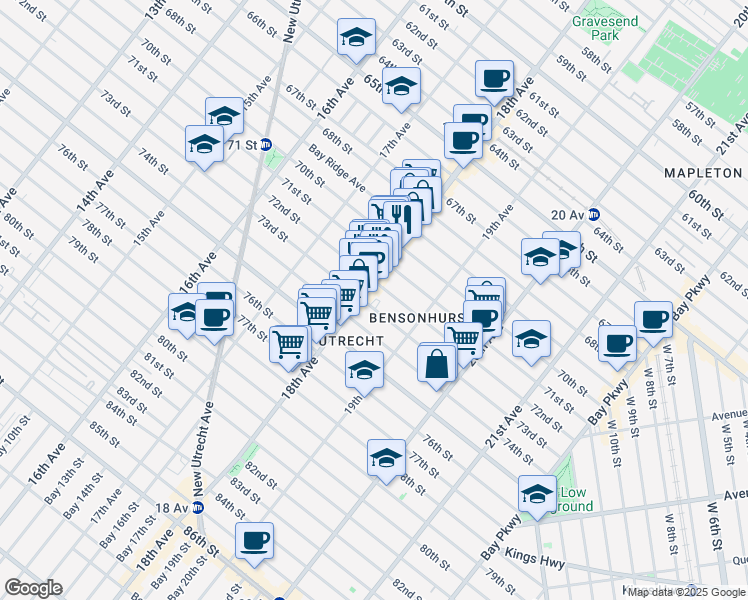 map of restaurants, bars, coffee shops, grocery stores, and more near 1845 73rd Street in Brooklyn