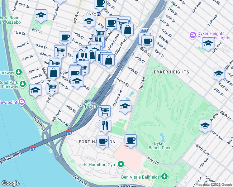 map of restaurants, bars, coffee shops, grocery stores, and more near 249 Dahlgren Place in Brooklyn