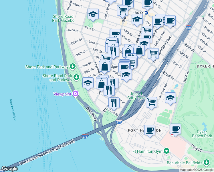 map of restaurants, bars, coffee shops, grocery stores, and more near 329 99th Street in Brooklyn