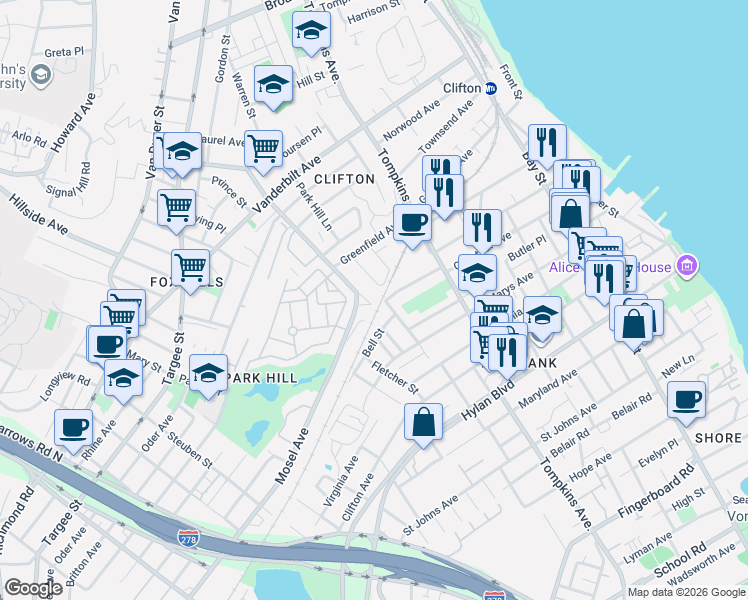 map of restaurants, bars, coffee shops, grocery stores, and more near 12 White Plains Avenue in Staten Island