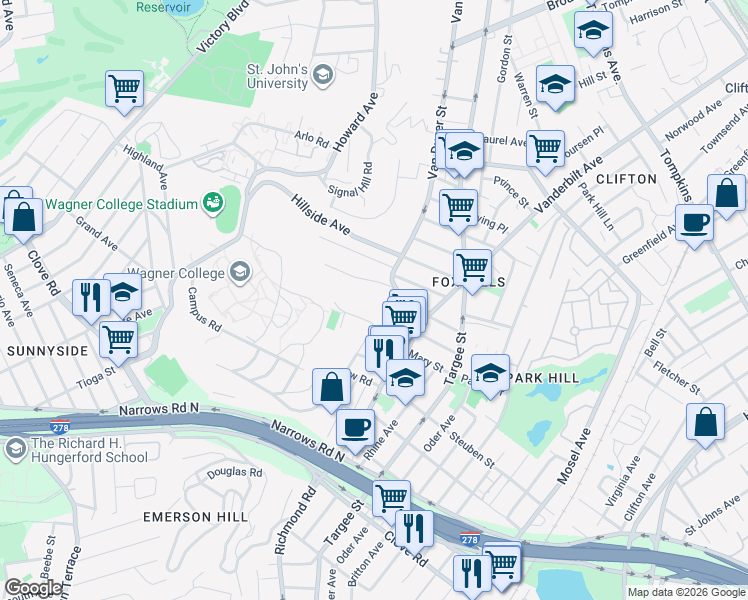 map of restaurants, bars, coffee shops, grocery stores, and more near 1032 Van Duzer Street in Staten Island