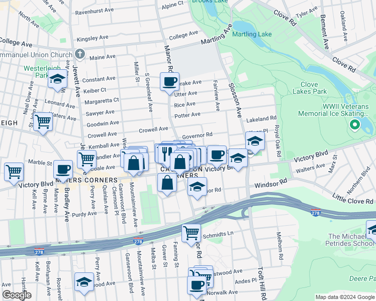 map of restaurants, bars, coffee shops, grocery stores, and more near 551 Manor Road in Staten Island