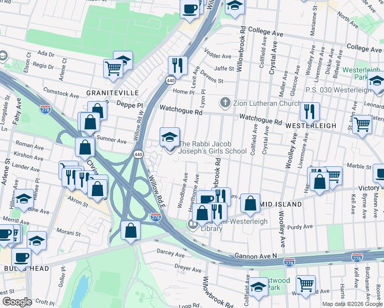 map of restaurants, bars, coffee shops, grocery stores, and more near 119 Hawthorne Avenue in Staten Island