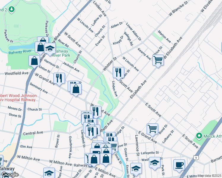 map of restaurants, bars, coffee shops, grocery stores, and more near 214 Linden Avenue in Rahway