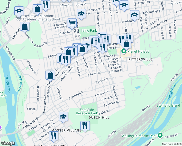 map of restaurants, bars, coffee shops, grocery stores, and more near 832 East Turner Street in Allentown