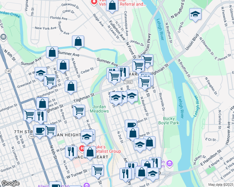 map of restaurants, bars, coffee shops, grocery stores, and more near 601 North 2nd Street in Allentown