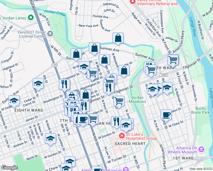 map of restaurants, bars, coffee shops, grocery stores, and more near 416 West Green Street in Allentown