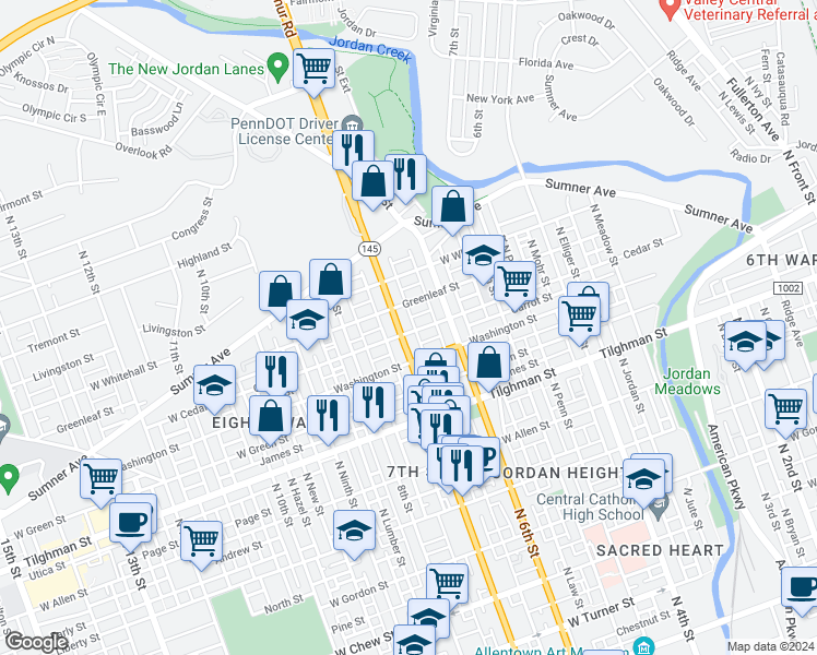map of restaurants, bars, coffee shops, grocery stores, and more near 817 North 7th Street in Allentown