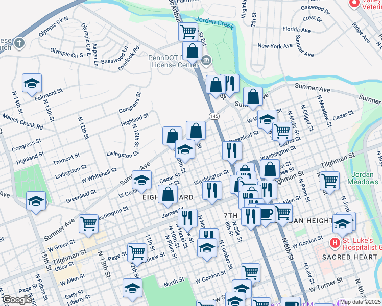 map of restaurants, bars, coffee shops, grocery stores, and more near 841 North Lumber Street in Allentown