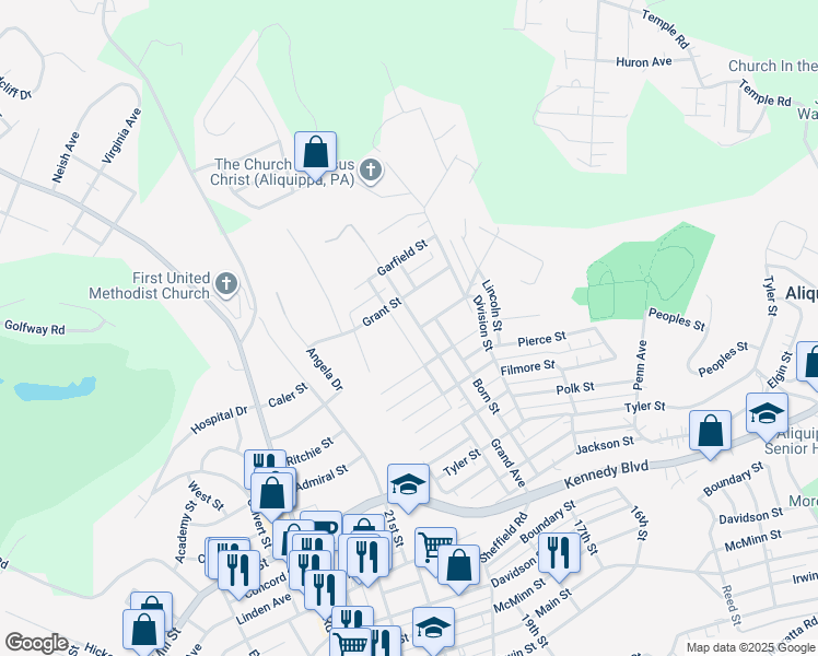 map of restaurants, bars, coffee shops, grocery stores, and more near 621 Grand Avenue in Aliquippa