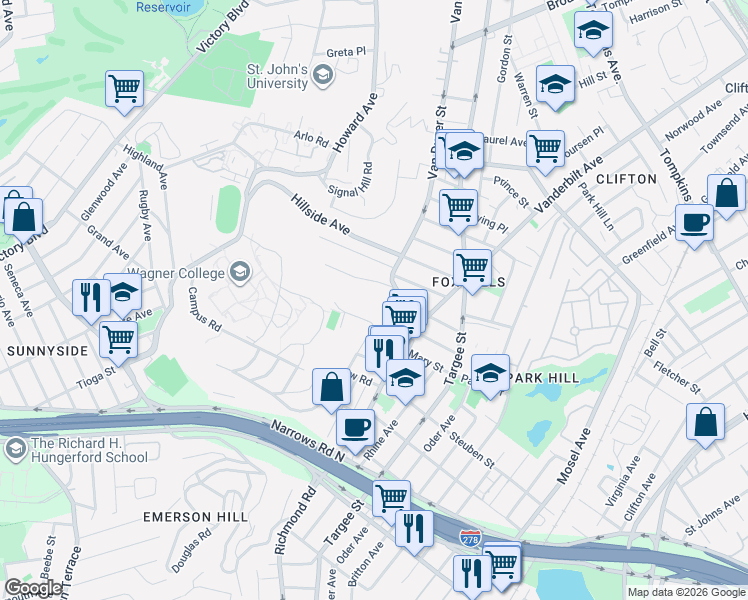 map of restaurants, bars, coffee shops, grocery stores, and more near 1032 Van Duzer Street in Staten Island