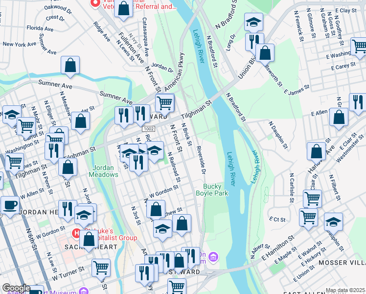 map of restaurants, bars, coffee shops, grocery stores, and more near 513 North Front Street in Allentown