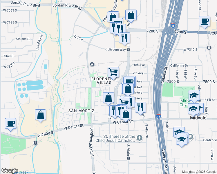 map of restaurants, bars, coffee shops, grocery stores, and more near 7534 Russi Place in Midvale