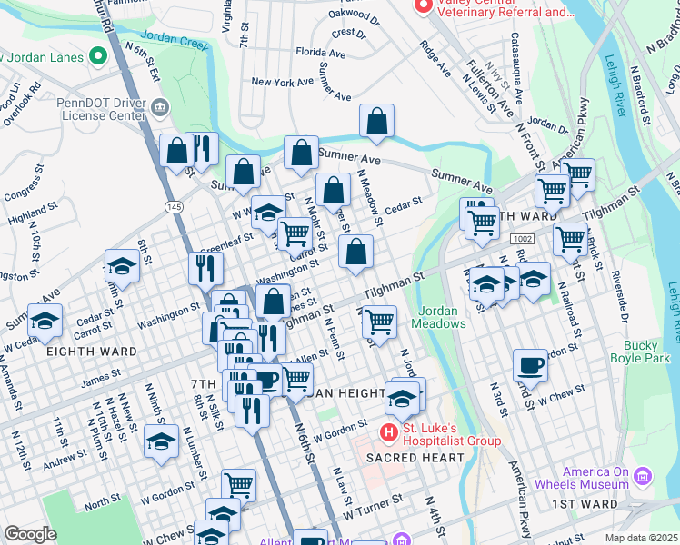 map of restaurants, bars, coffee shops, grocery stores, and more near 416 West Green Street in Allentown