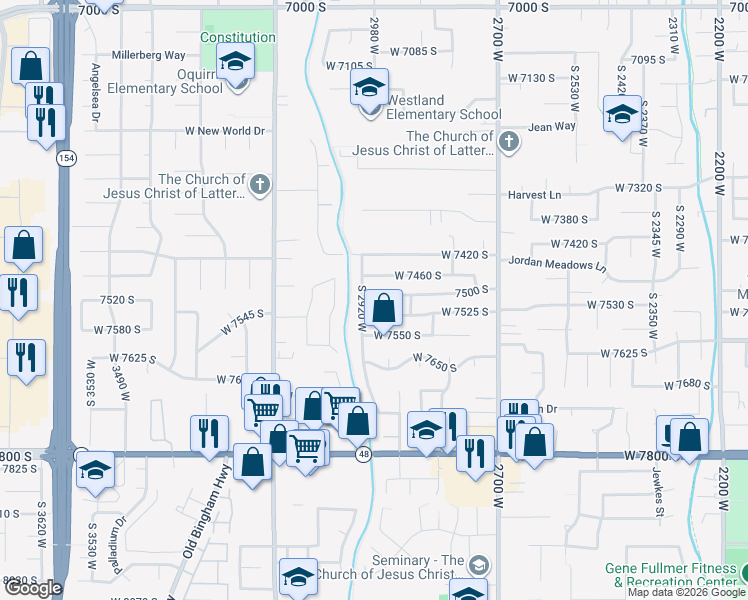 map of restaurants, bars, coffee shops, grocery stores, and more near 2905 West 7500 South in West Jordan