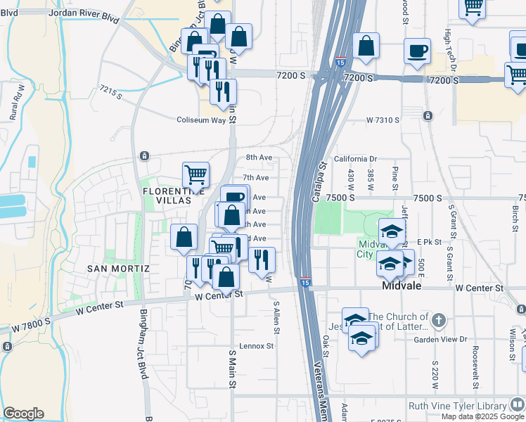 map of restaurants, bars, coffee shops, grocery stores, and more near 614 West 5th Avenue in Midvale