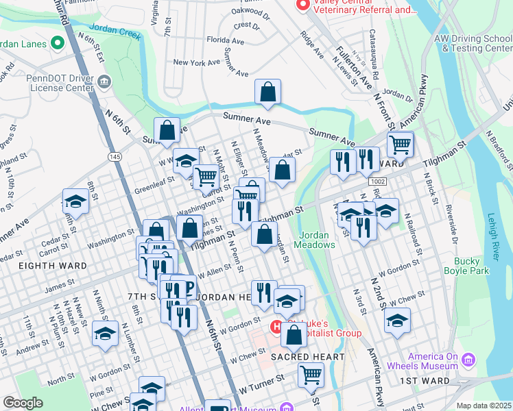 map of restaurants, bars, coffee shops, grocery stores, and more near 735 North Elliger Street in Allentown