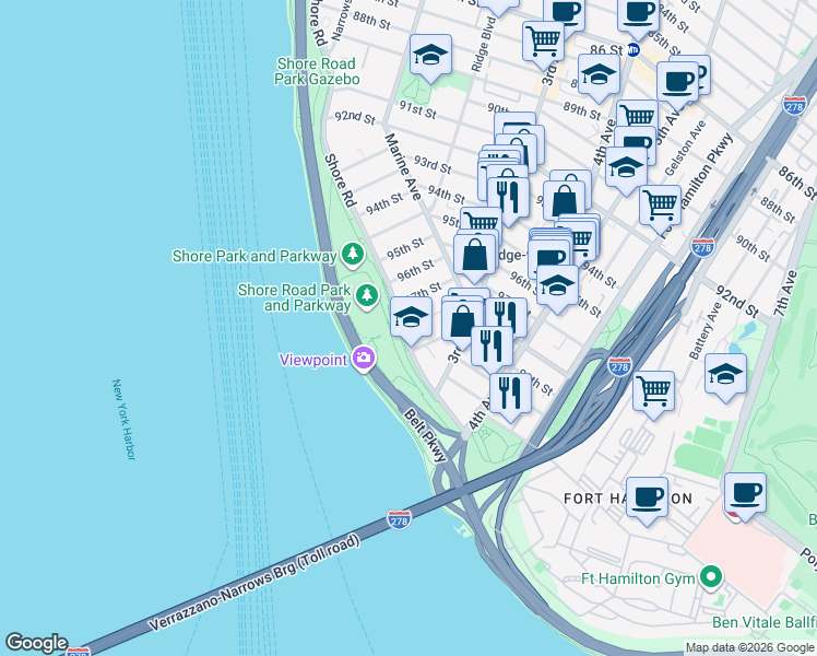 map of restaurants, bars, coffee shops, grocery stores, and more near 101 99th Street in Brooklyn