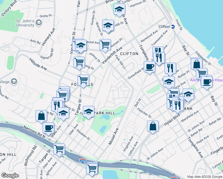 map of restaurants, bars, coffee shops, grocery stores, and more near 91 Long Pond Lane in Staten Island