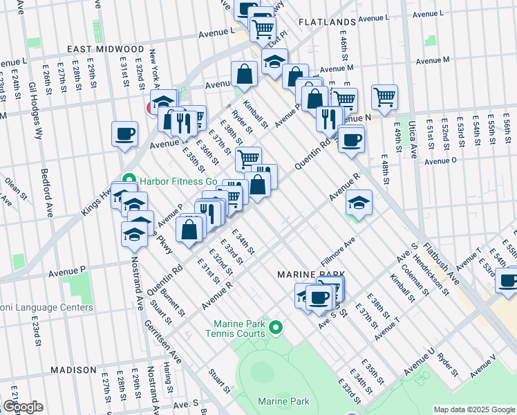 map of restaurants, bars, coffee shops, grocery stores, and more near 3602 Quentin Road in Brooklyn