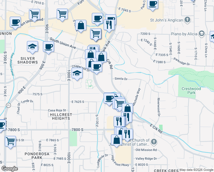 map of restaurants, bars, coffee shops, grocery stores, and more near 7585 Union Park Avenue in Midvale